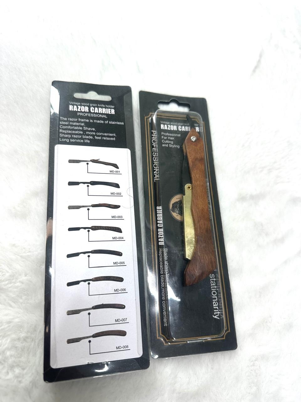Professional barber straight edge razor featuring a foldable wooden handle and a stainless steel blade holder. thumbnail 2