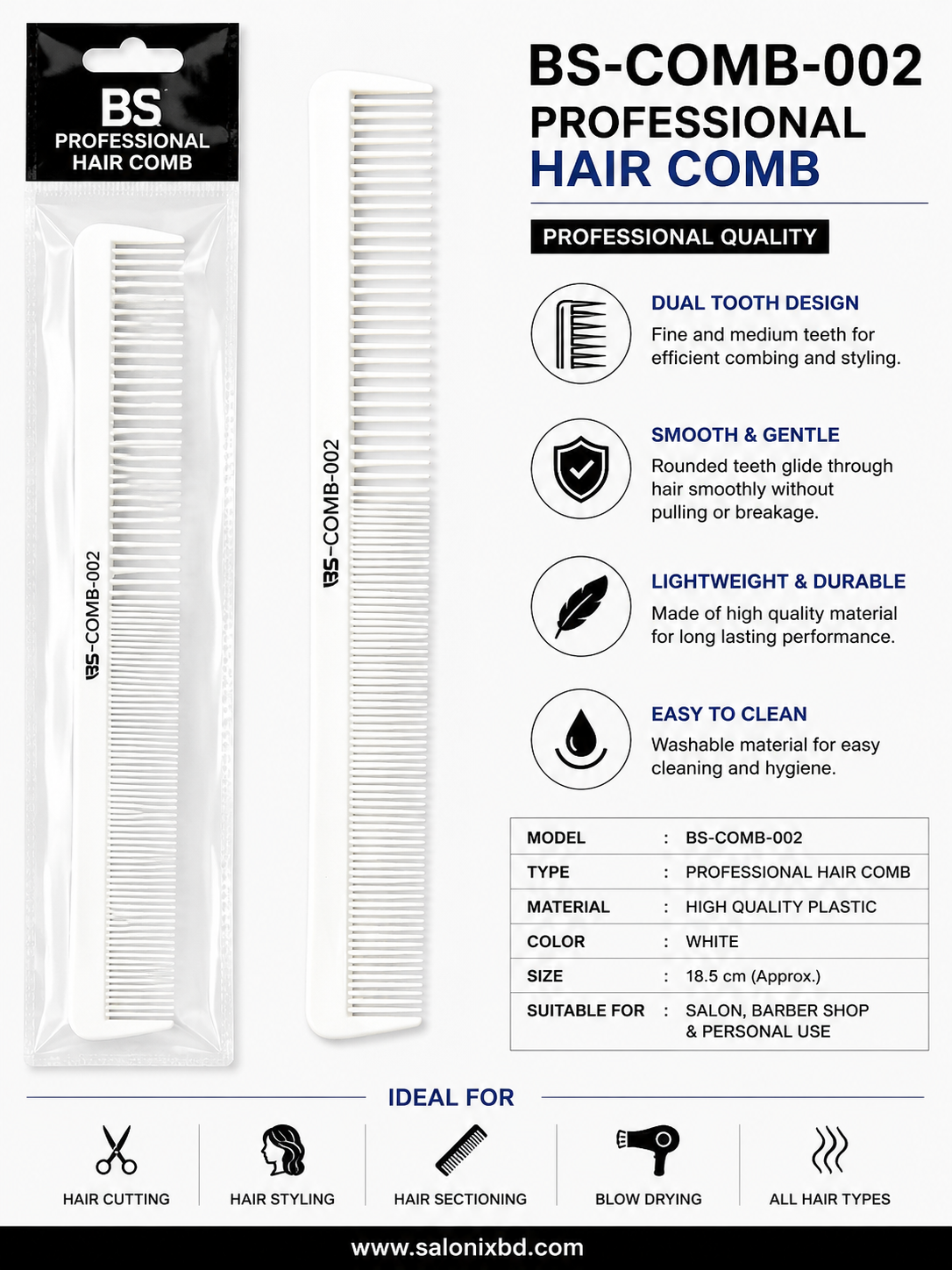BS-COMB-002 Professional Hair Comb – White thumbnail 2