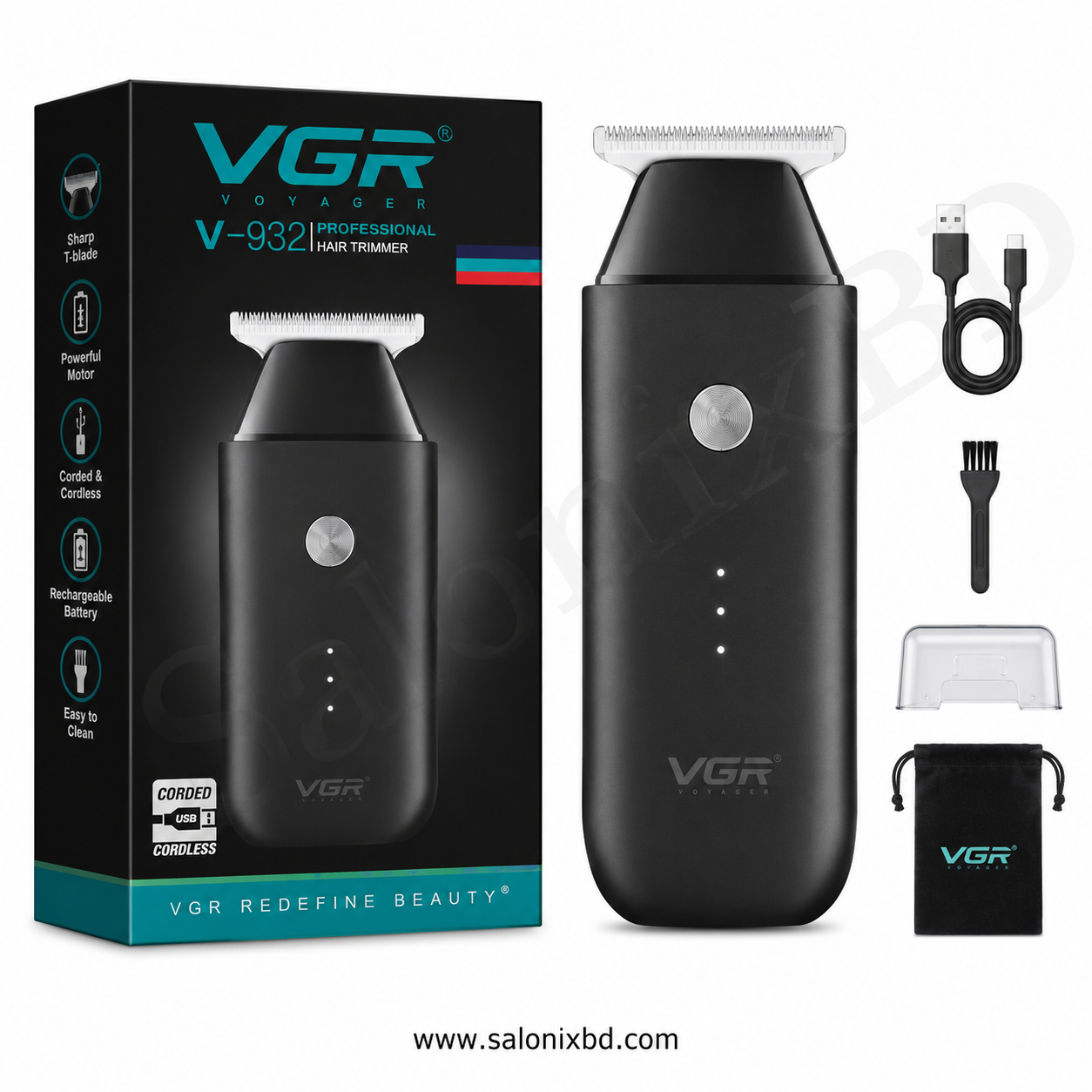 VGR V-932 Professional Hair Trimmer একটি স্টাইলিশ ও কমপ্যাক্ট ট্রিমার, যা হেয়ার কাটিং, দাড়ি ট্রিমিং, এজিং ও ডিটেইলিংয়ের জন্য উপযোগী