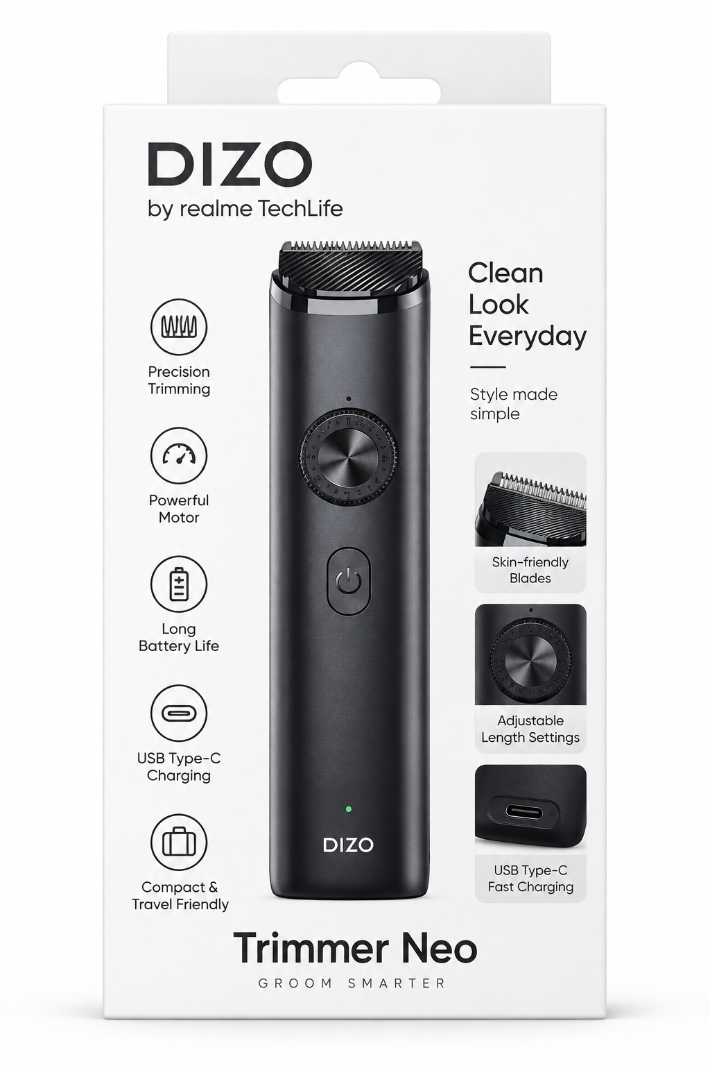 DIZO Trimmer Neo by realme TechLife হলো পুরুষদের দাড়ি ও হেয়ার গ্রুমিংয়ের জন্য একটি স্মার্ট ও আধুনিক ট্রিমার