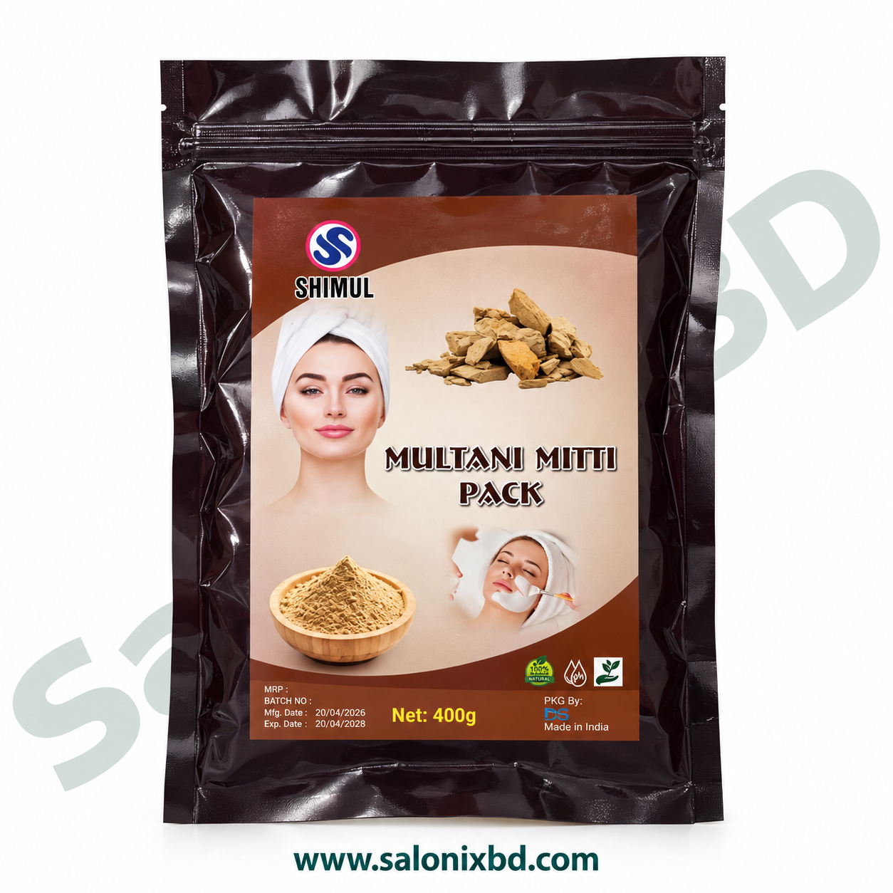 SHIMUL Multani Mitti Pack 400g ত্বকের অতিরিক্ত তেল, ময়লা ও ধুলাবালি পরিষ্কার করতে সহায়ক একটি ন্যাচারাল ফেস প্যাক