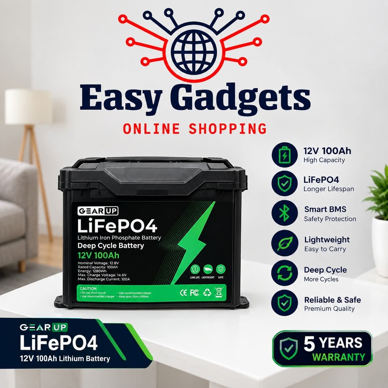 GearUP 12V 100Ah LiFePO4 Lithium Battery with Smart BMS + Bluetooth