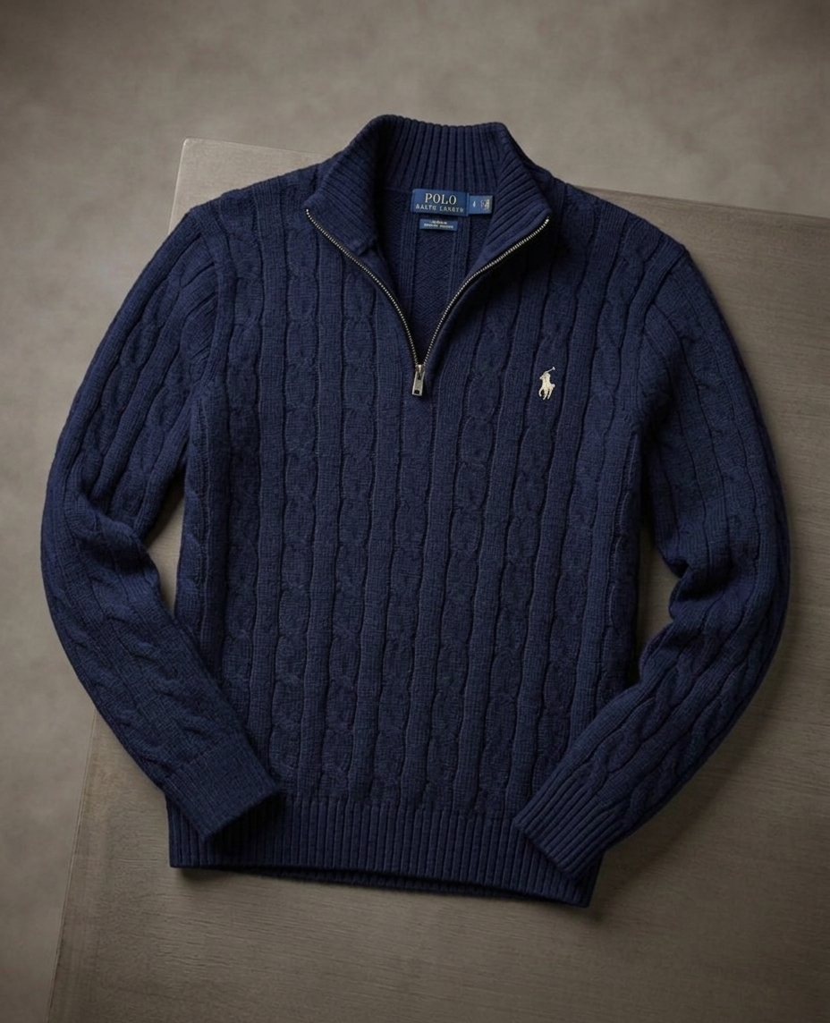 NAVY BLUE QUATER-ZIP CABLE KNIT SWEATER