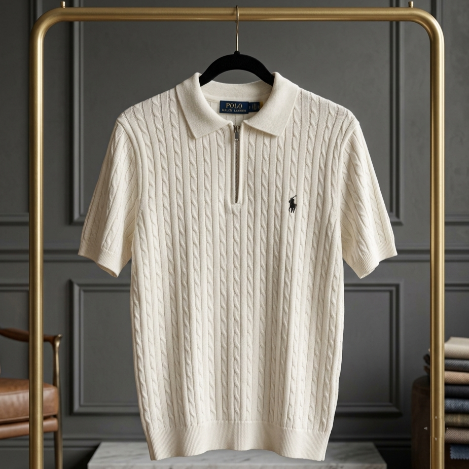 WHITE CABLE ZIP POLO T-SHIRT
