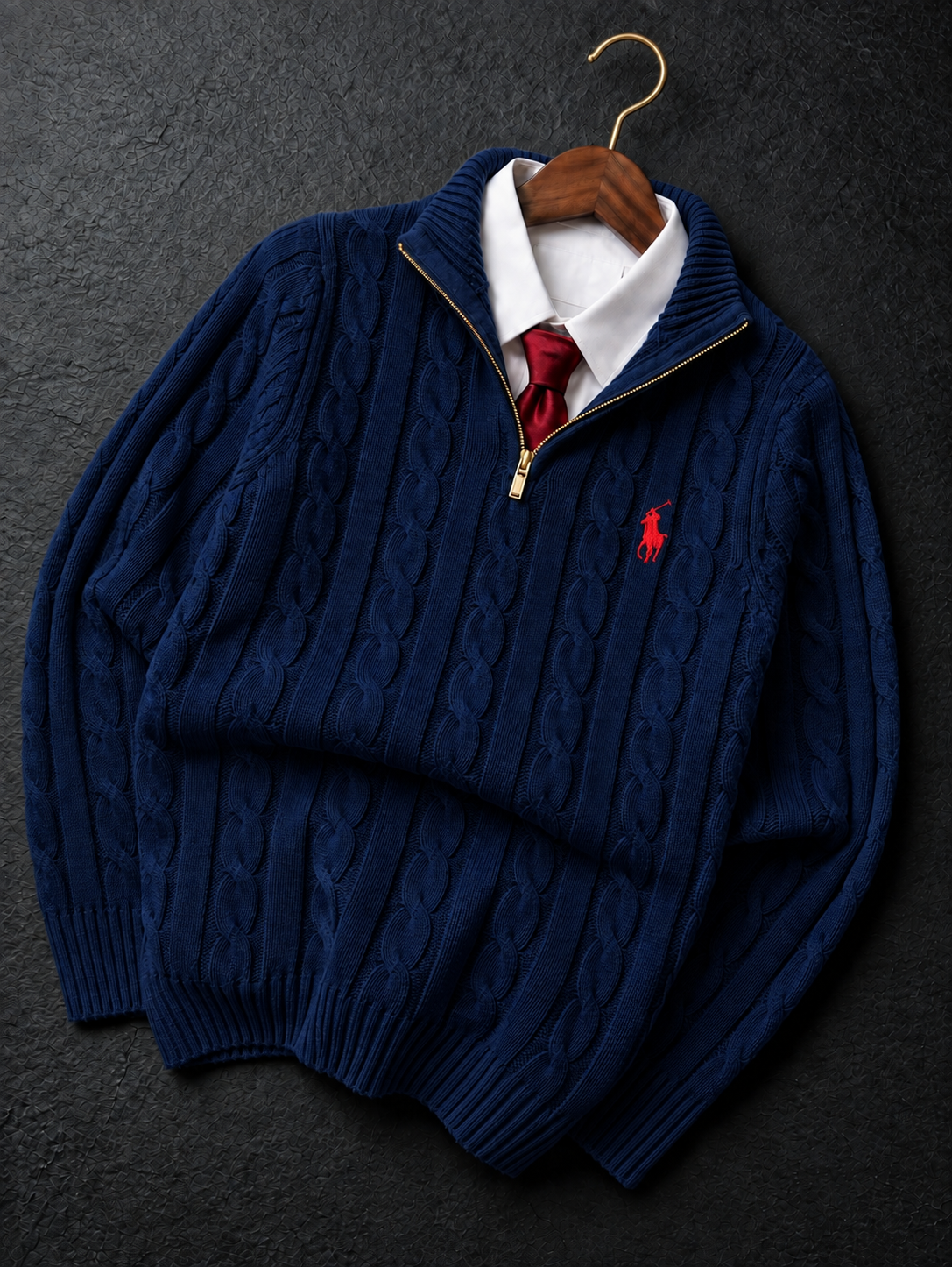 NAVY BLUE QUATER-ZIP CABLE KNIT SWEATER