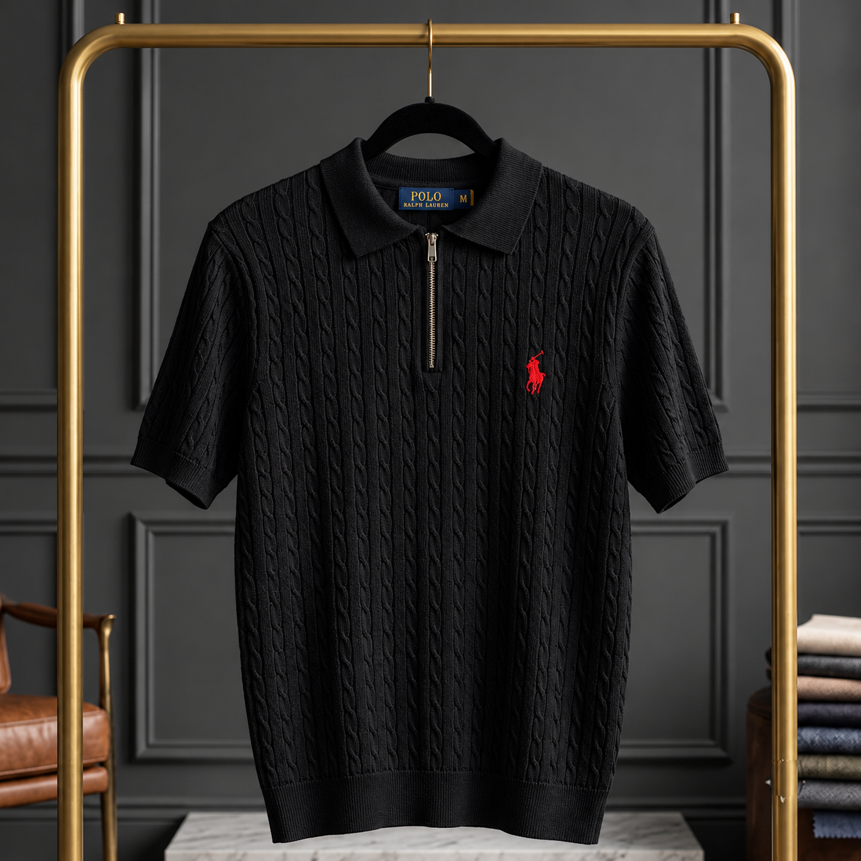 BLACK CABLE ZIP POLO T-SHIRT