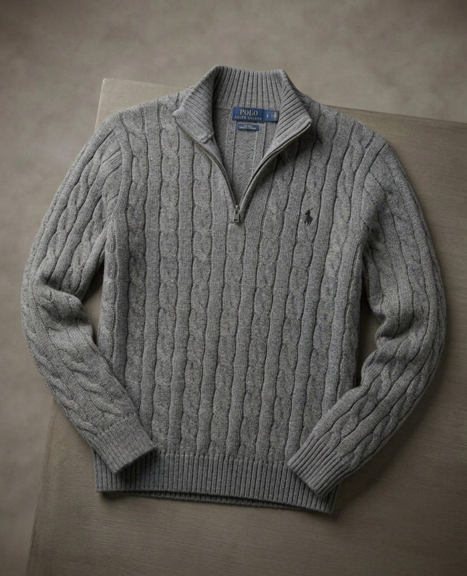 GRAY QUATER-ZIP CABLE KNIT SWEATER