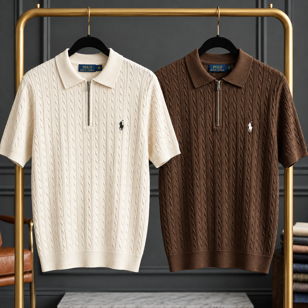 WHITE & BROWN COMBO CABLE ZIP POLO T-SHIRT