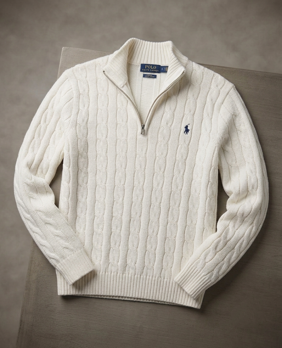 WHITE QUATER-ZIP CABLE KNIT SWEATER