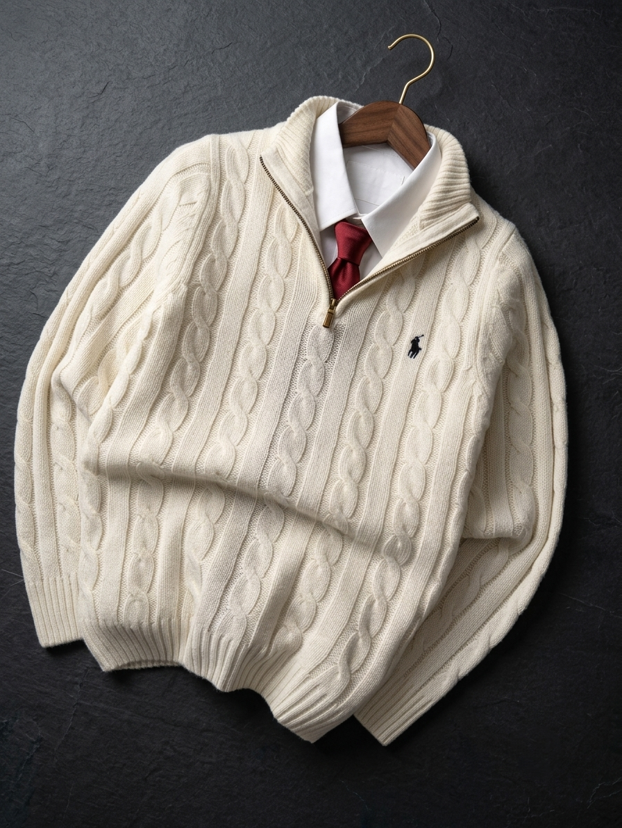 WHITE QUATER-ZIP CABLE KNIT SWEATER