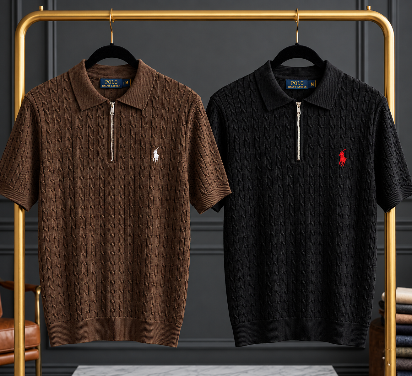 BROWN & BLACK COMBO CABLE ZIP POLO T-SHIRT