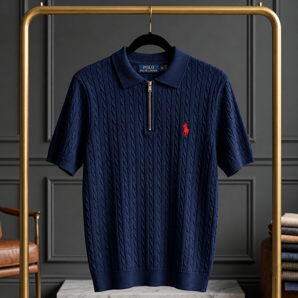 NAVY BLUE CABLE ZIP POLO T-SHIRT