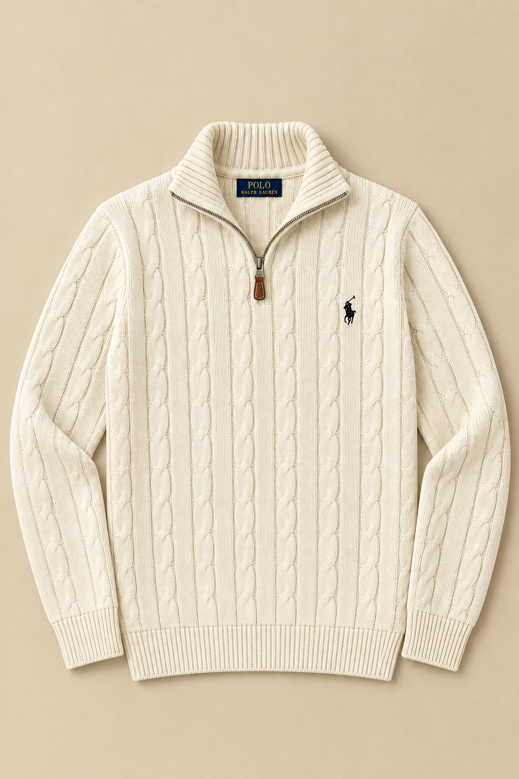 WHITE QUATER-ZIP CABLE KNIT SWEATER