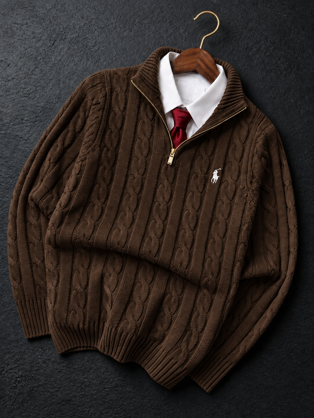 BROWN QUATER-ZIP CABLE KNIT SWEATER
