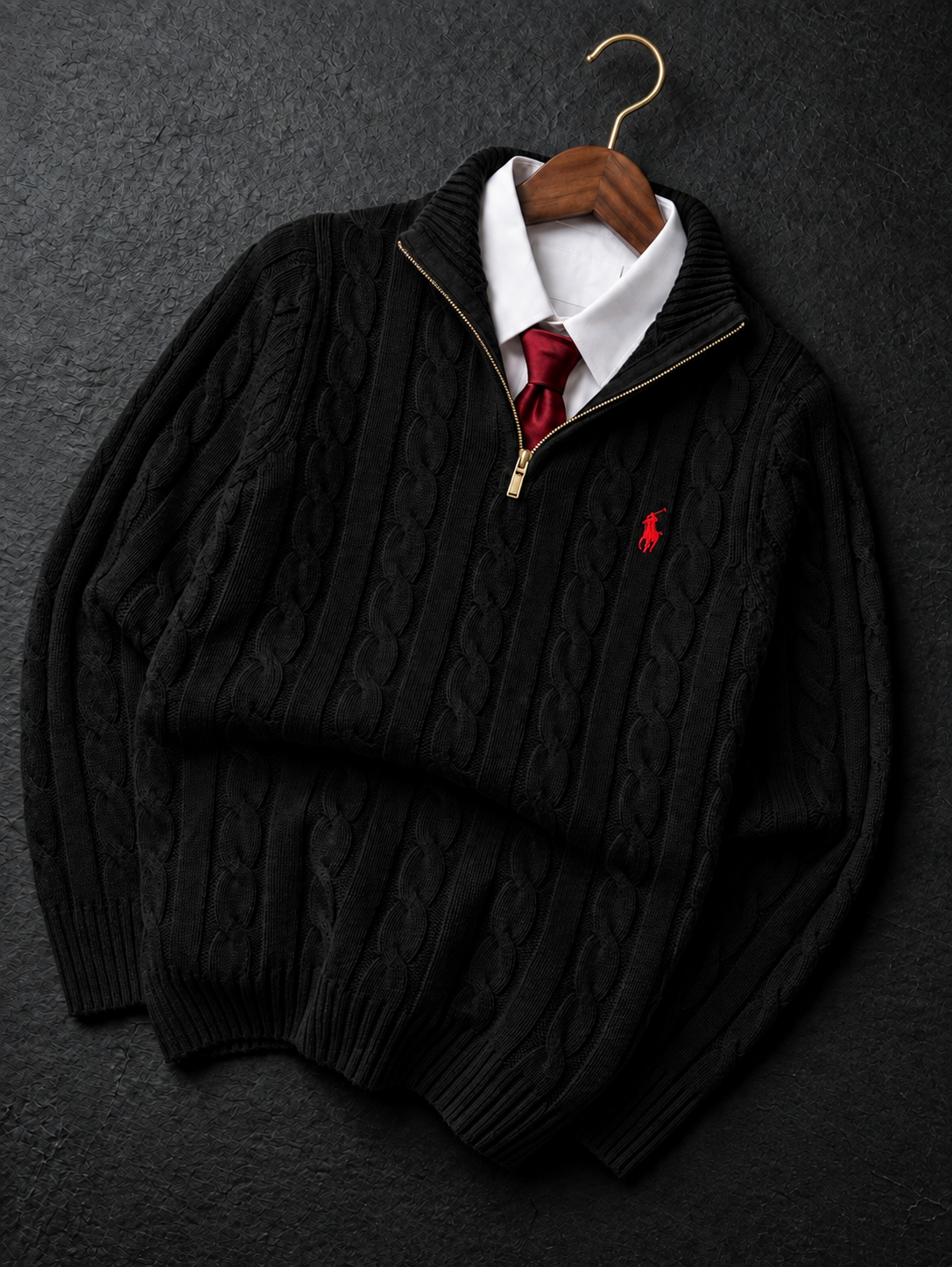 BLACK QUATER-ZIP CABLE KNIT SWEATER