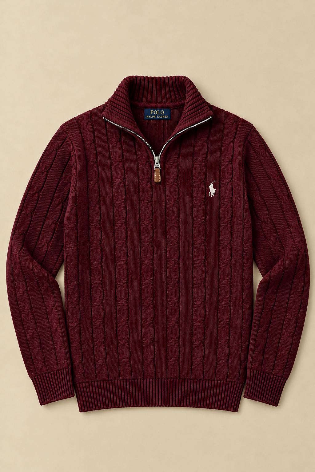 MAROON QUATER-ZIP CABLE KNIT SWEATER