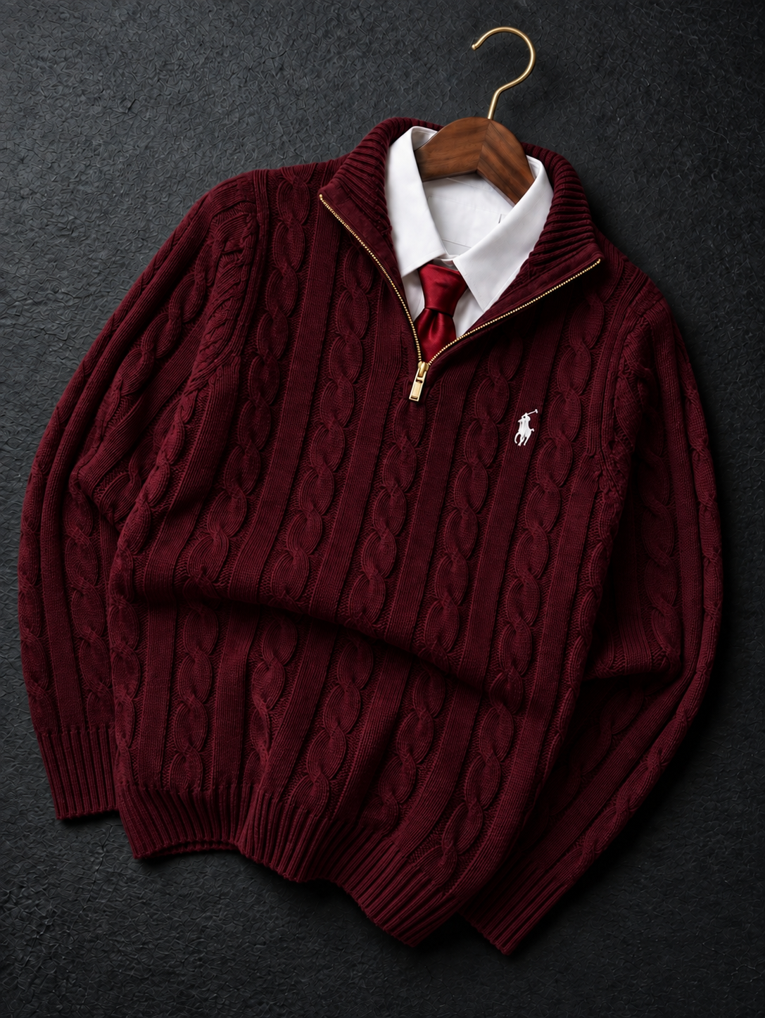 MAROON QUATER-ZIP CABLE KNIT SWEATER