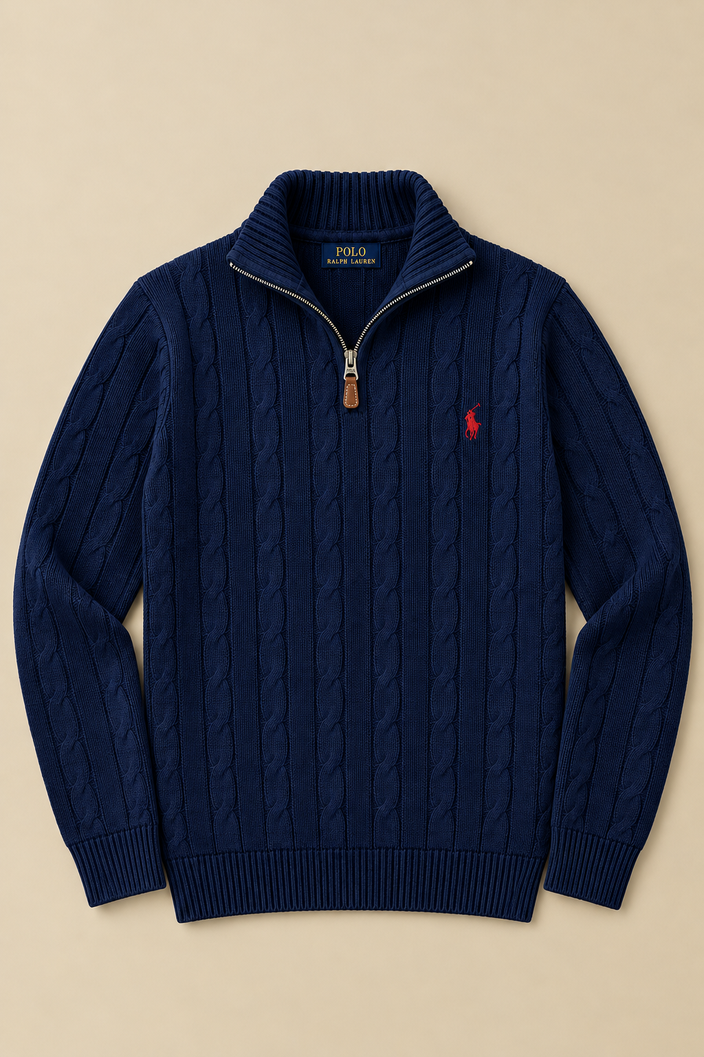 NAVY BLUE QUATER-ZIP CABLE KNIT SWEATER