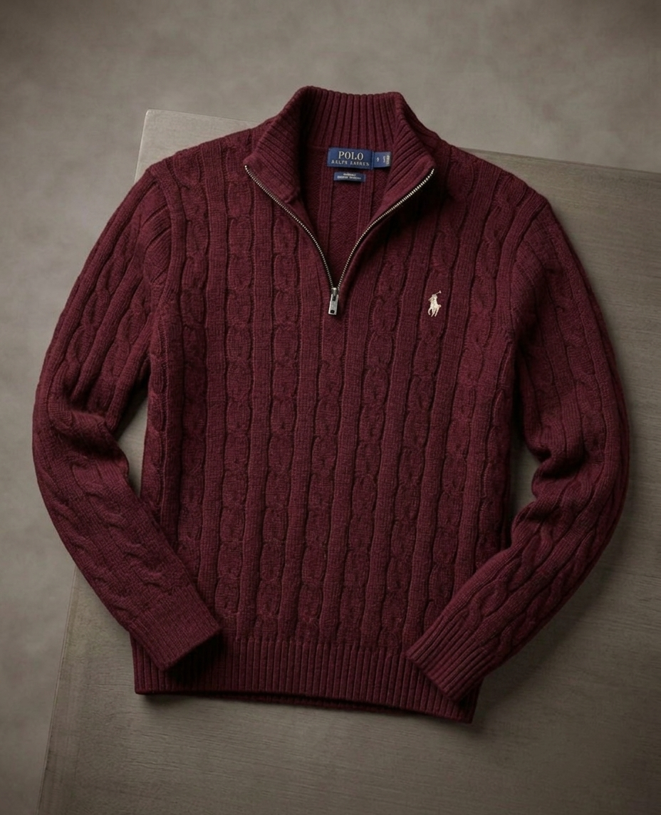 MAROON QUATER-ZIP CABLE KNIT SWEATER