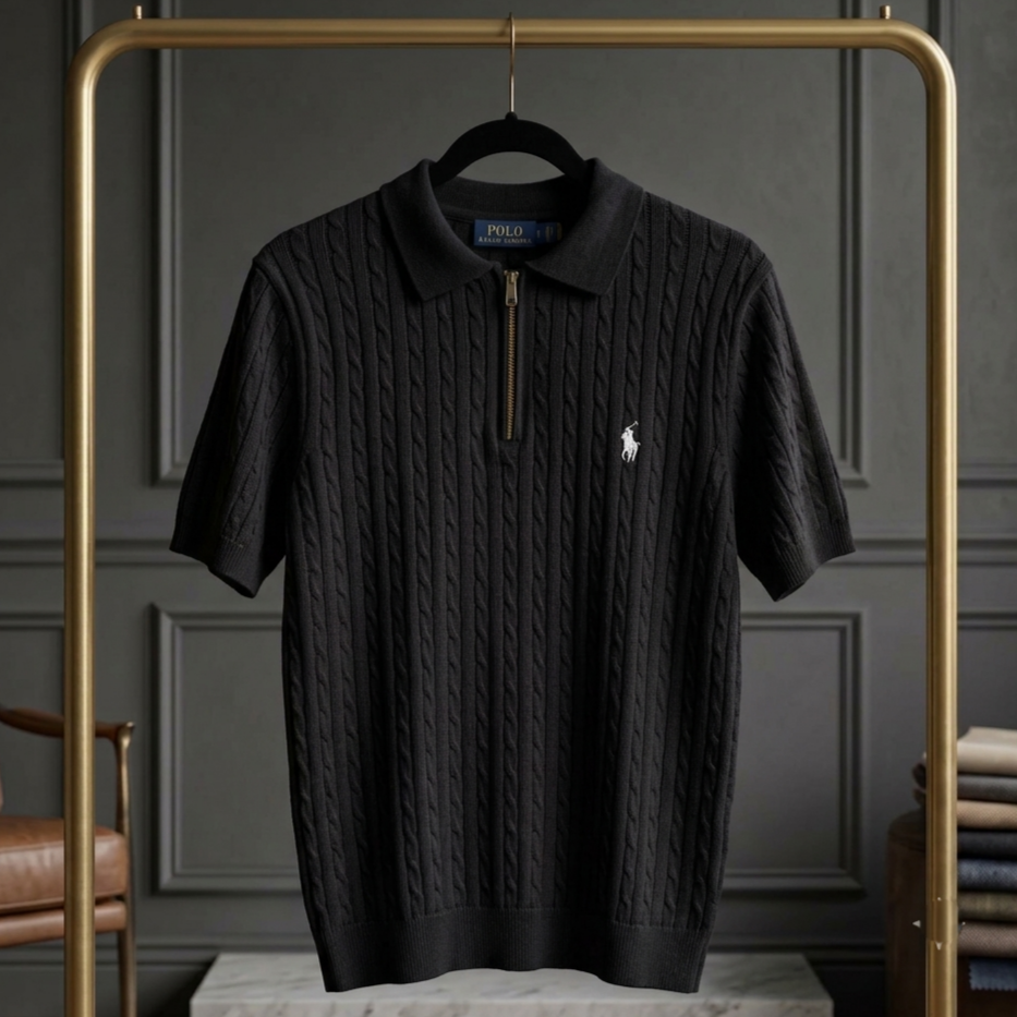 BLACK CABLE ZIP POLO T-SHIRT