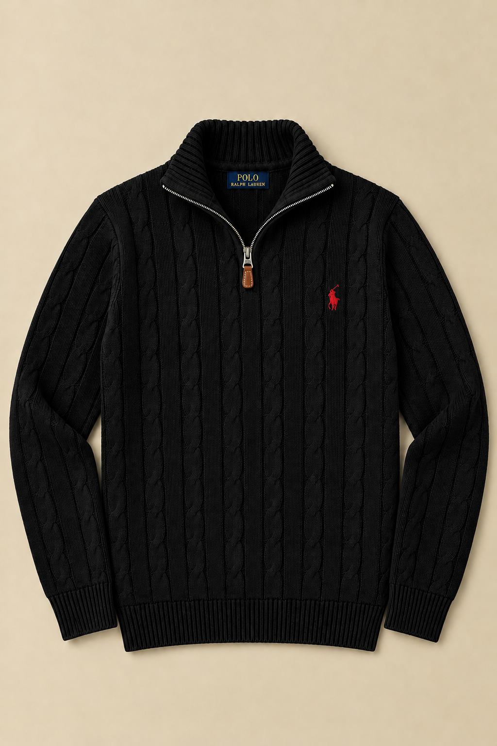 BLACK QUATER-ZIP CABLE KNIT SWEATER
