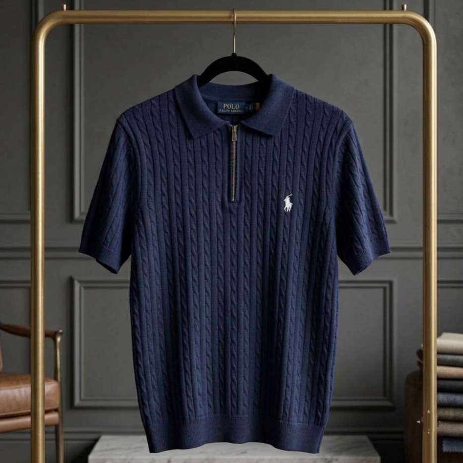 NAVY BLUE CABLE ZIP POLO T-SHIRT
