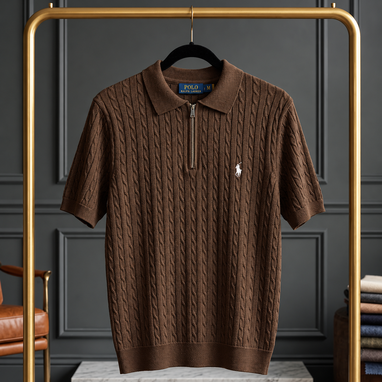 BROWN CABLE ZIP POLO T-SHIRT