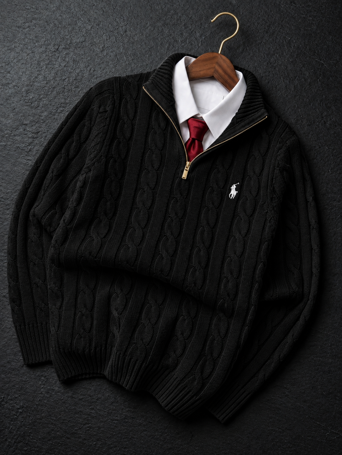 BLACK QUATER-ZIP CABLE KNIT SWEATER