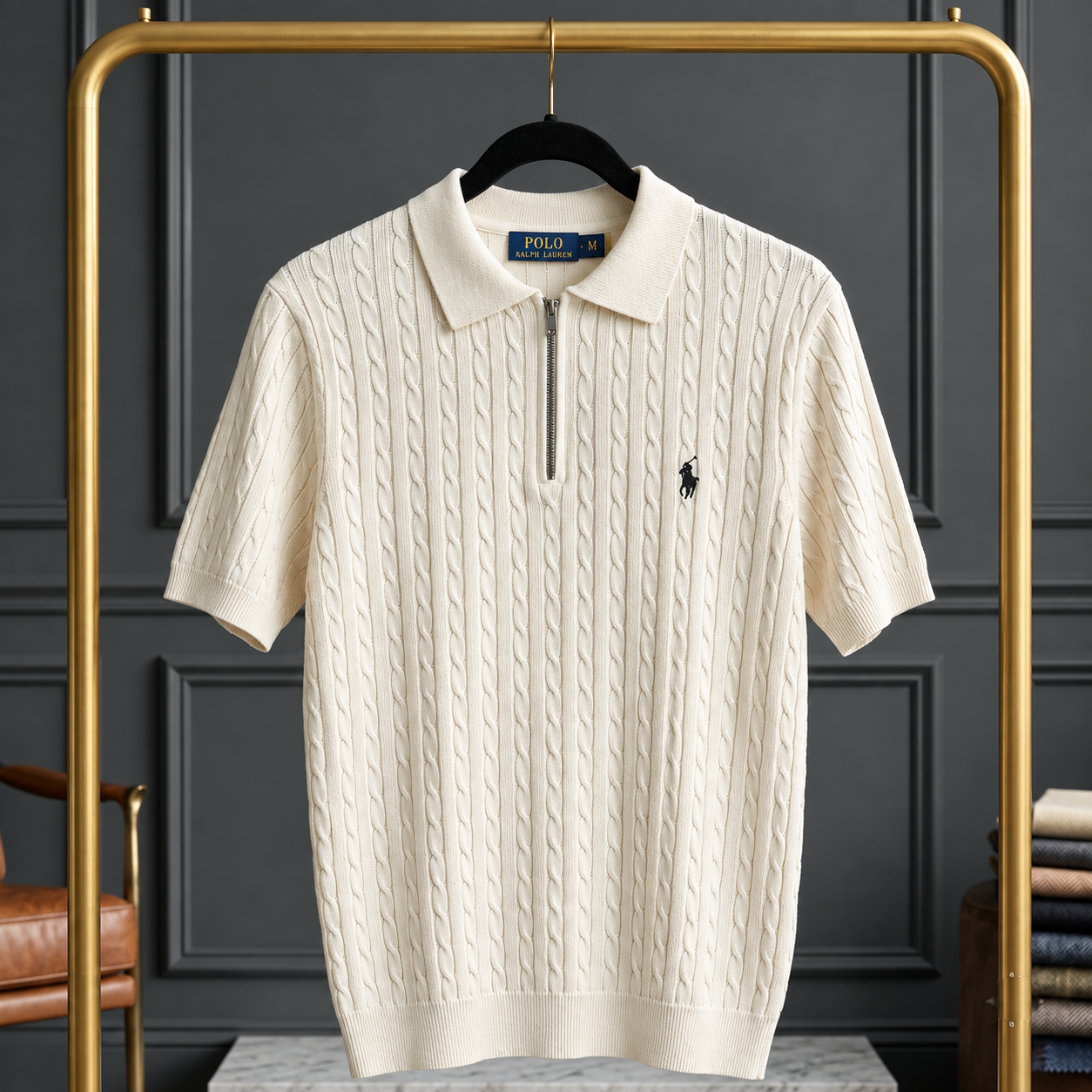 WHITE CABLE ZIP POLO T-SHIRT