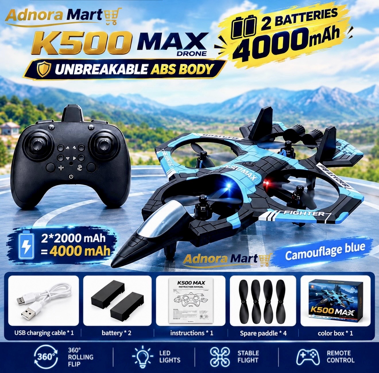 K500 MAX High-Quality ABS Unbreakable Fighter Jet | 2 Batteries, 4000mAh Total Backup