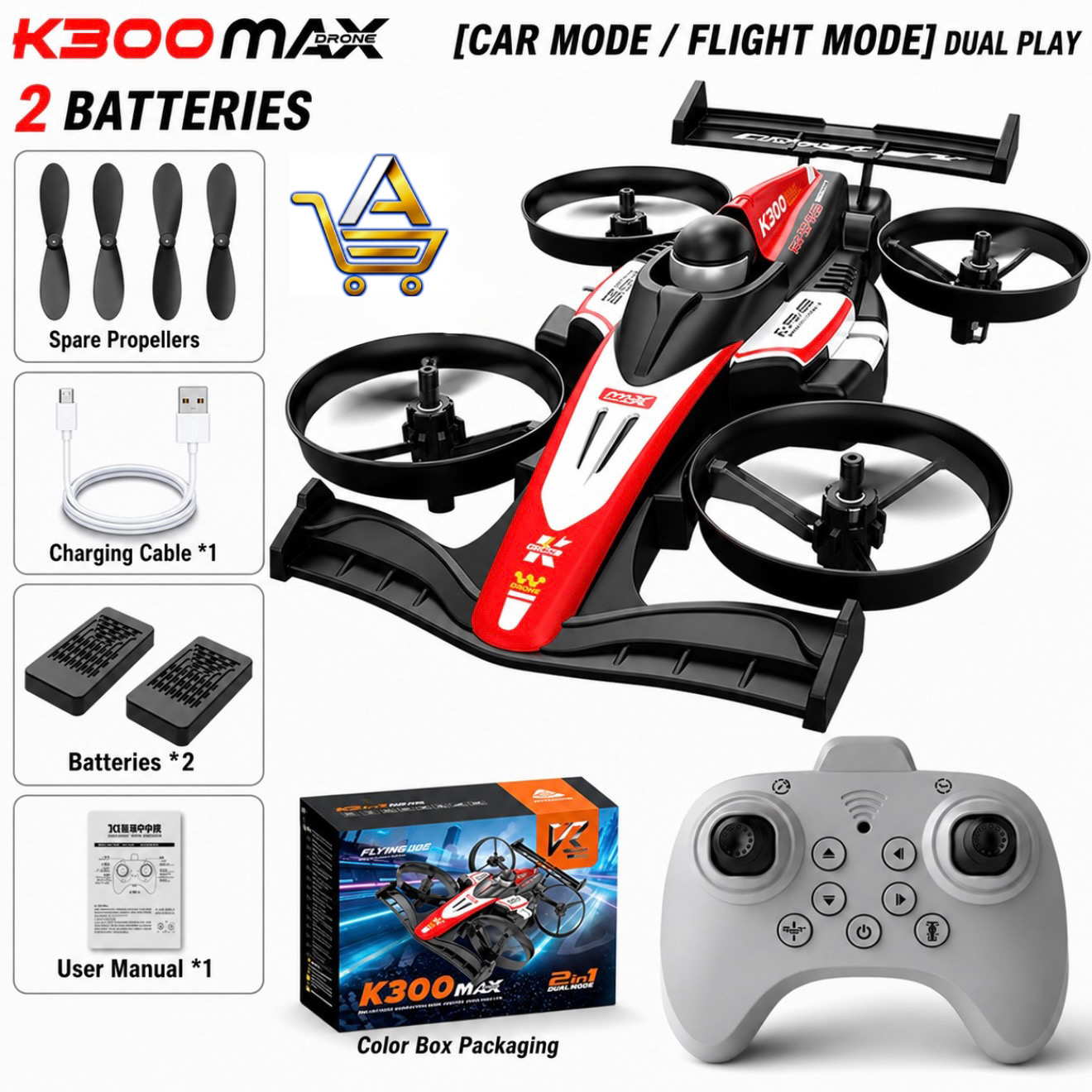 K300 Max 2 in 1 RC Drone Car - Double Battery