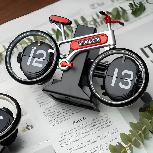 MidClock HY-F117 Unique Bicycle Vintage Flip Desk Clock – White +Black Color