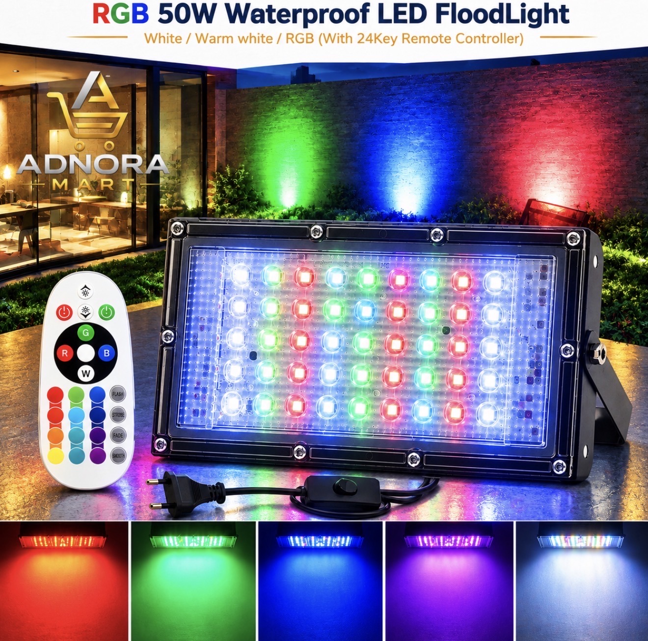 RGB LED Flood Light- Remote Controlled IP66 Waterproof Landscape & Outdoor Lighting (50W, AC220V)