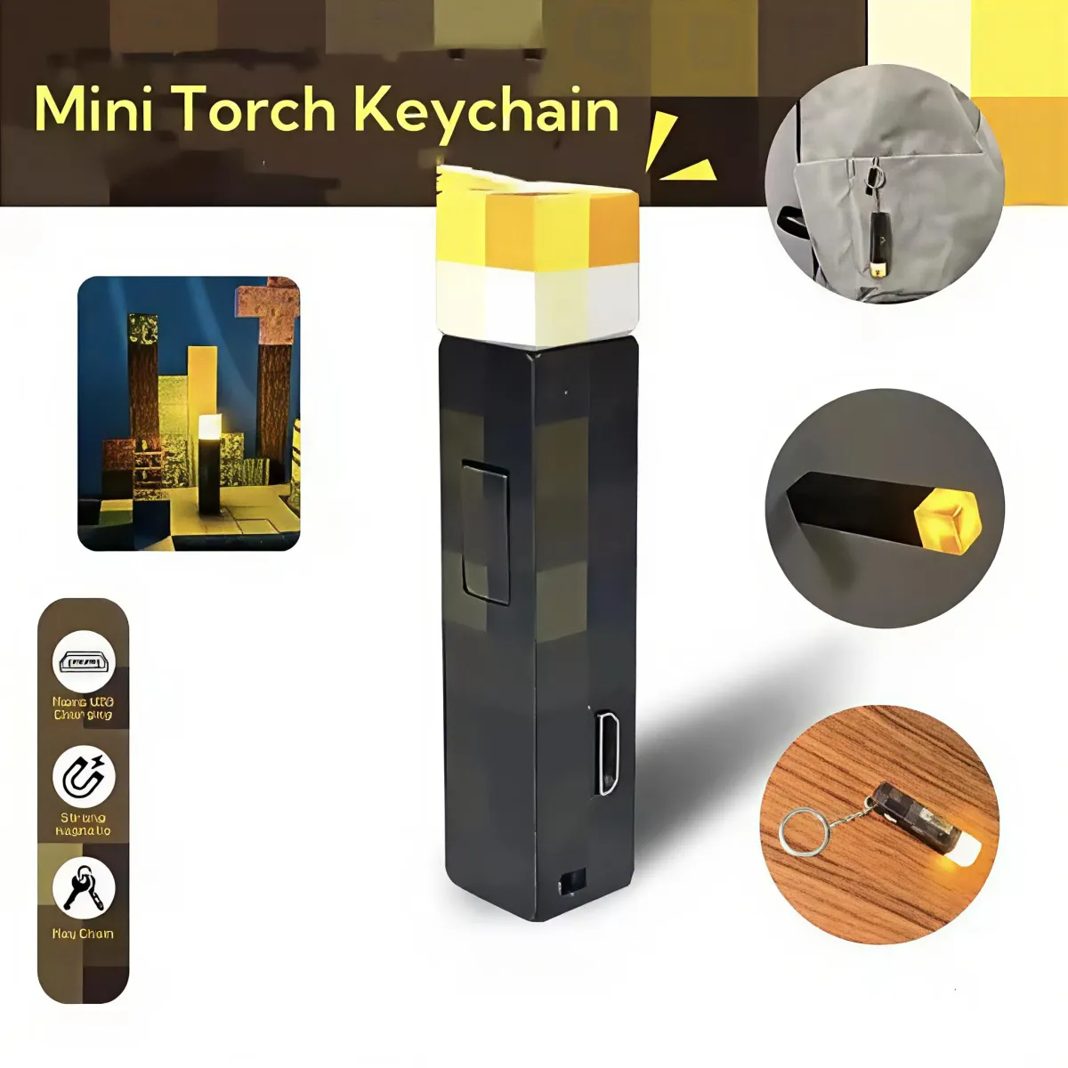USB Rechargeable LED Light Gaming Theme Minecrafted Keychain Surrounding Torch Mini Torch Keychain Backpack Gifts