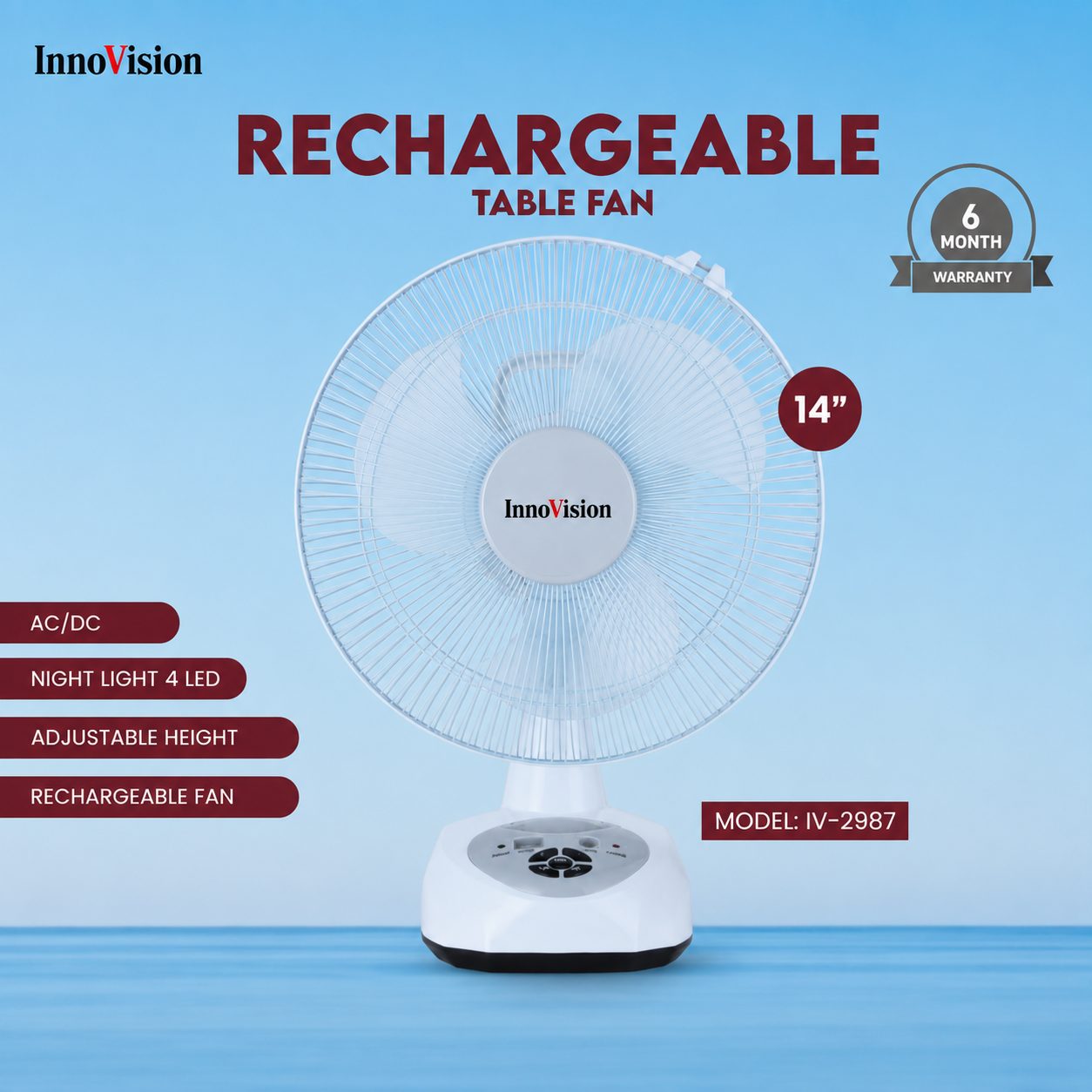 InnoVision 14 Inch Rechargeable Table Fan | AC/DC | Night Light_img_0