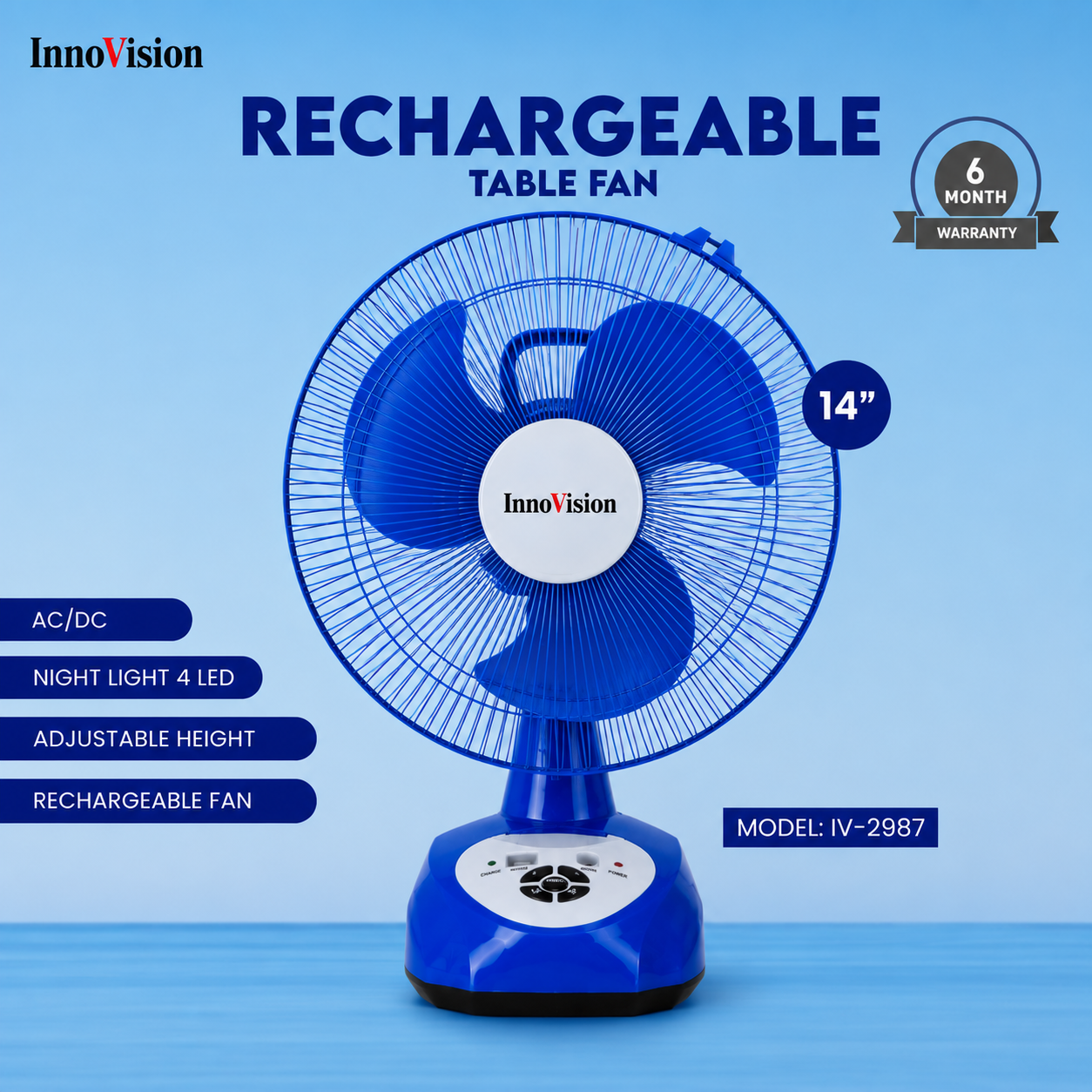 InnoVision 14 Inch Rechargeable Table Fan | AC/DC | Night Light_img_2