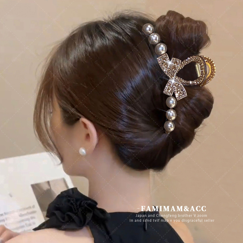 Sparkling Diamond Pearl Hair Clip for Women, Large Size, French-Style Shark Clip for Back-Of-Head Updo, High-End and Exquisite Hair Accessory