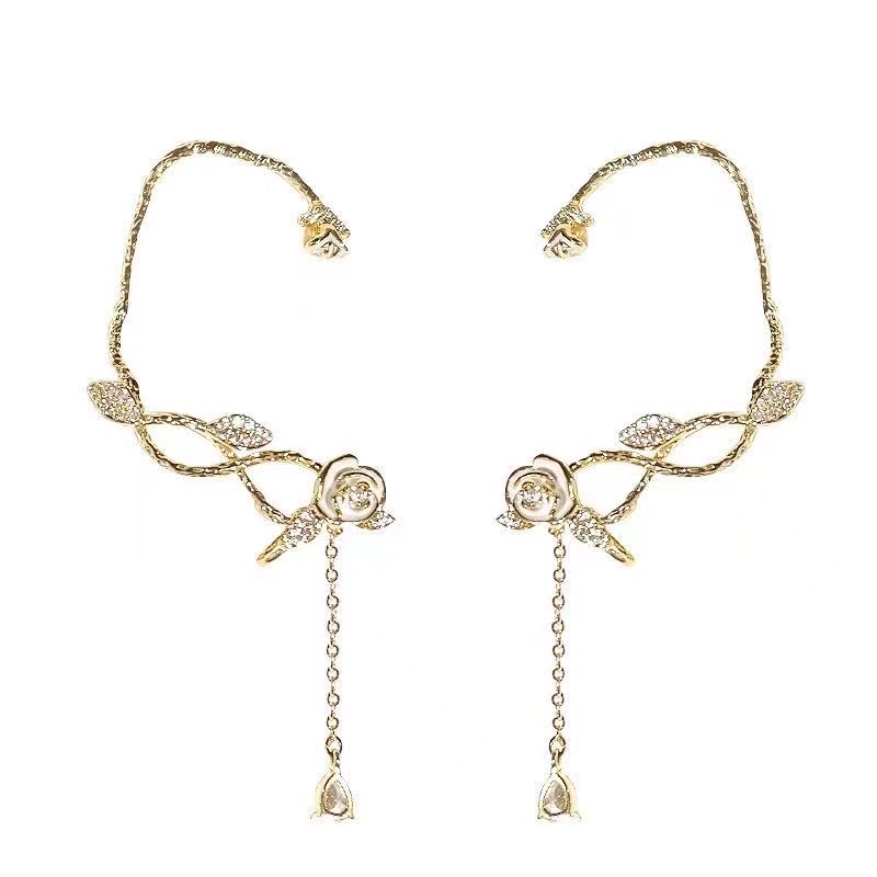 Camellia tassel ear bone clip without ear hole Women's Light luxury niche antique best selling ear hook 2023 new recommended_img_4