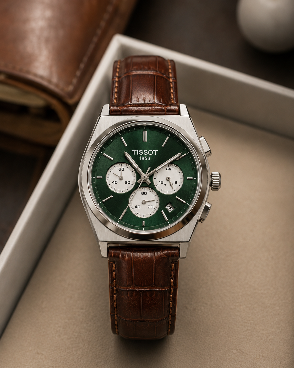Tissot PRX Chronograph Green Dial Leather Strap Watch