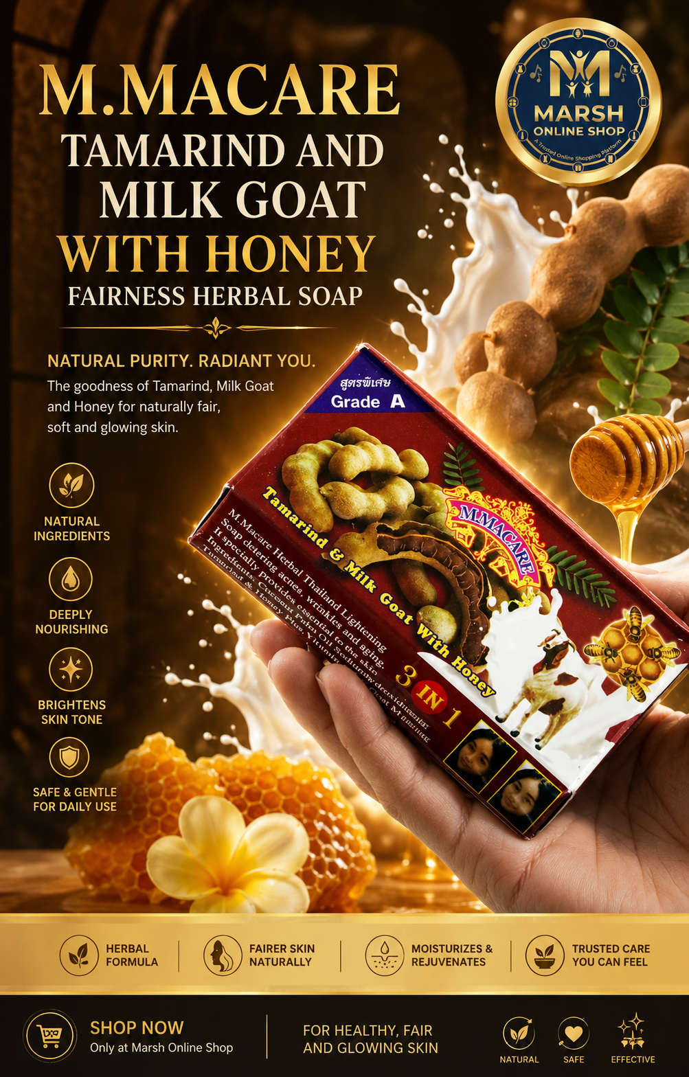 👉🔰M.MACARE Tamarind and Milk Goat with Honey Fairness Herbal Soap (80g)