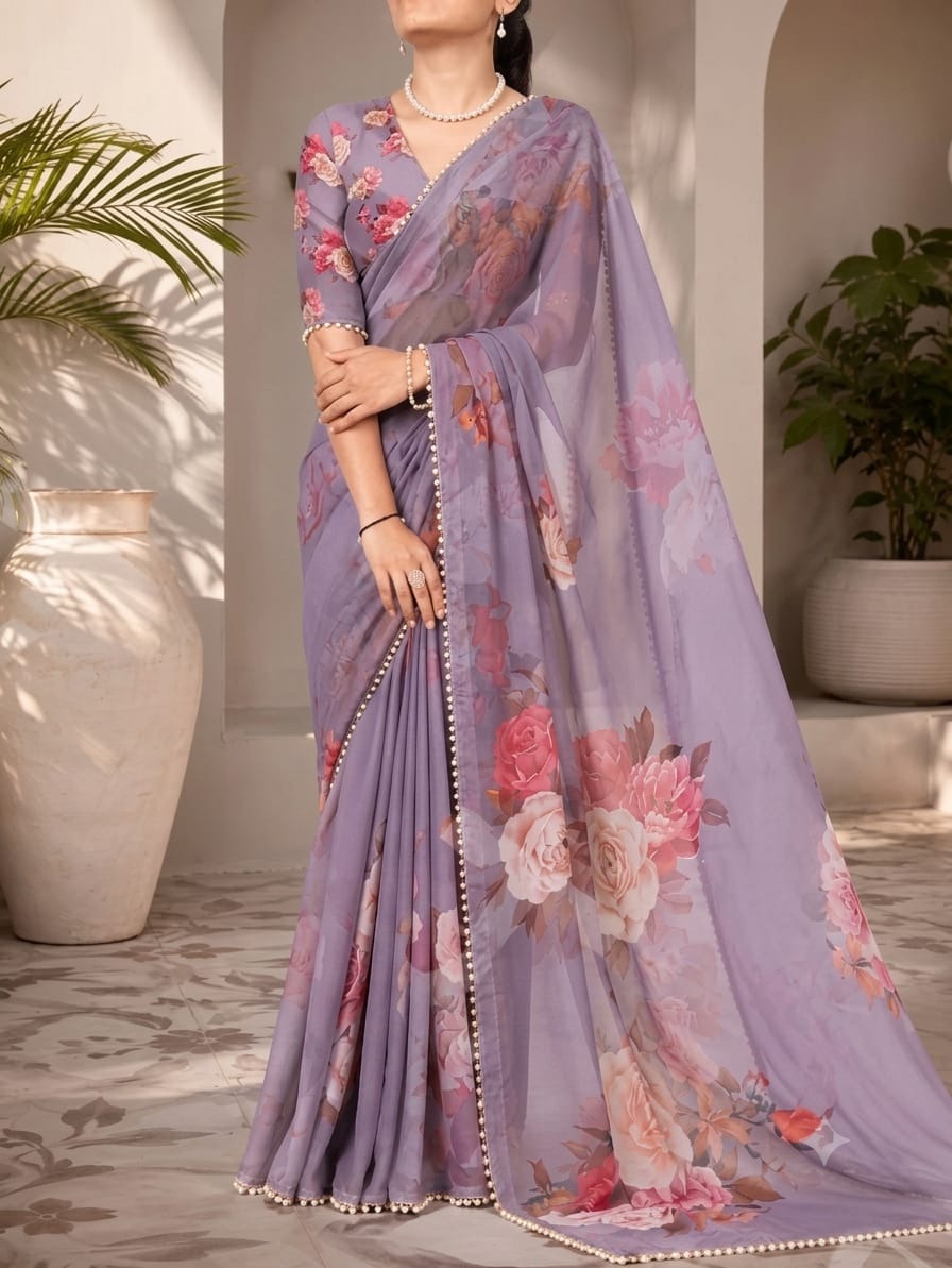 Premium Soft Georgette Saree with Pearl Work - Image 3