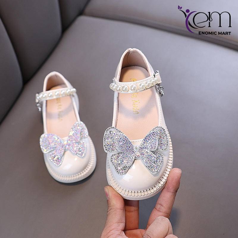 Girls Toddler Princess Rhinestone Bow PU Leather Shoes