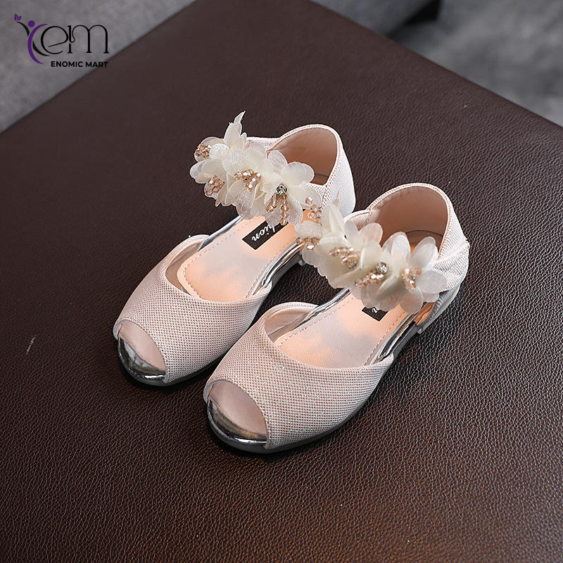 Kid Summer Flat Sandals Pearl Flowers Girl