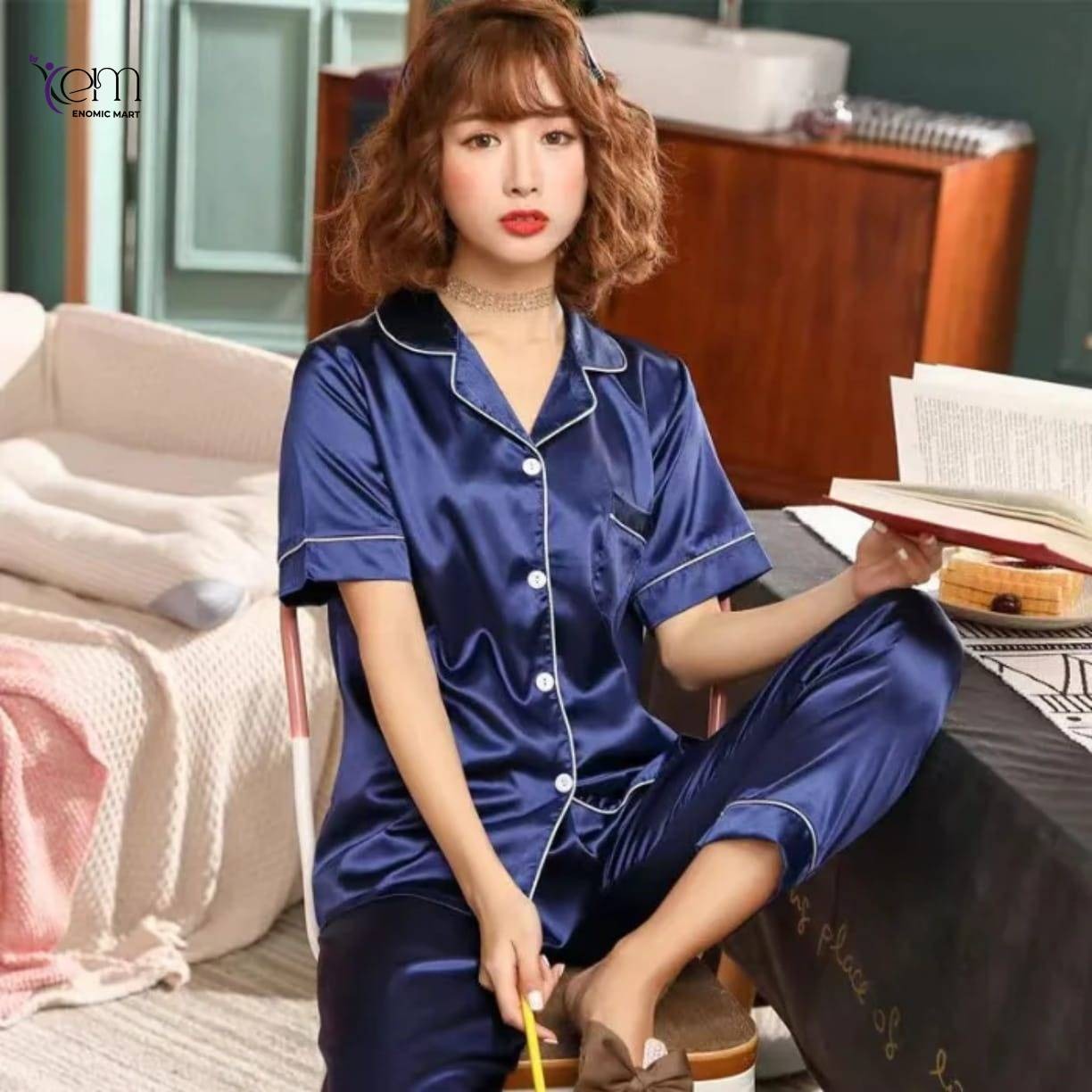 Women's Satin Silk Sleepwear Short Sleeve Pajamas thumbnail 4