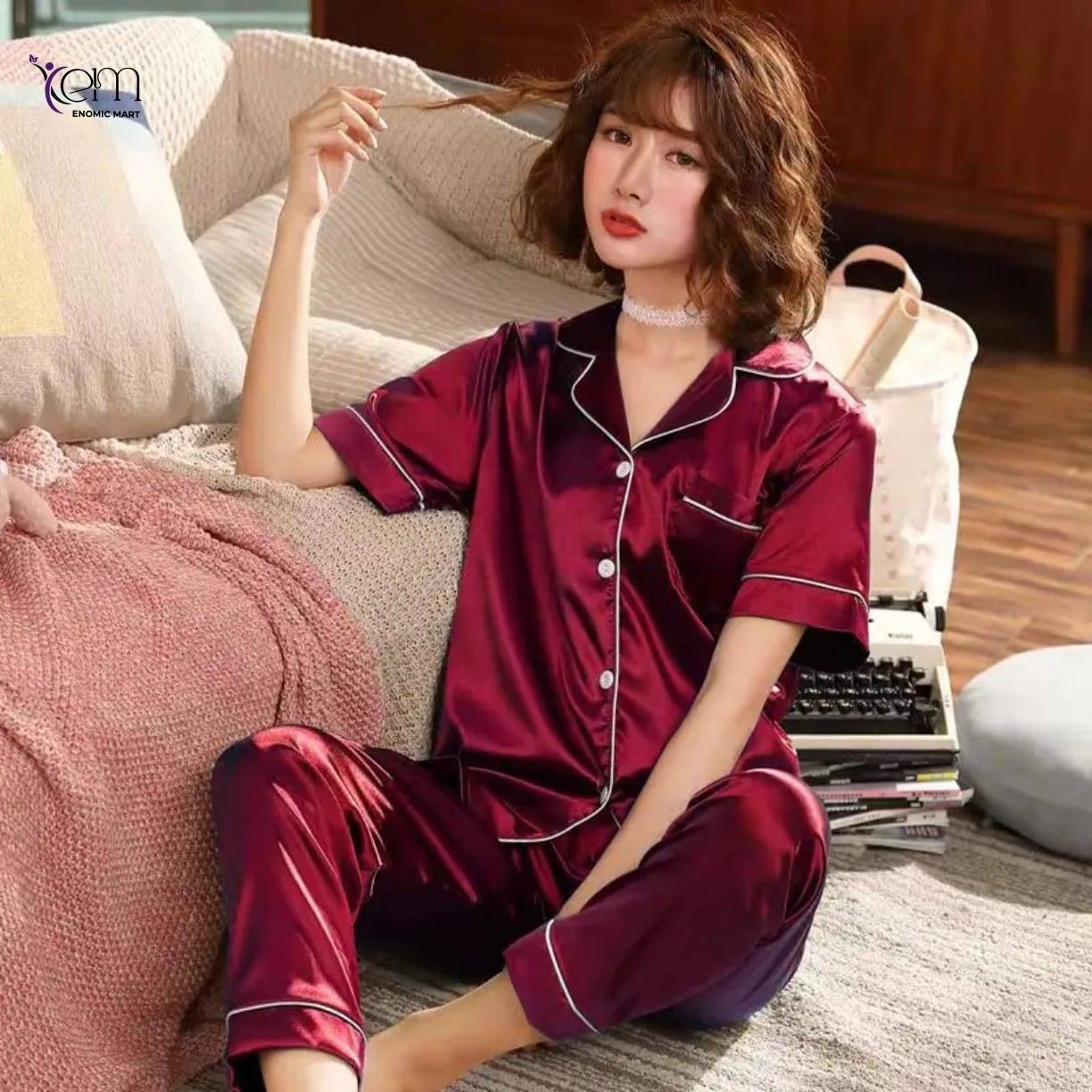 Women's Satin Silk Sleepwear Short Sleeve Pajamas thumbnail 6