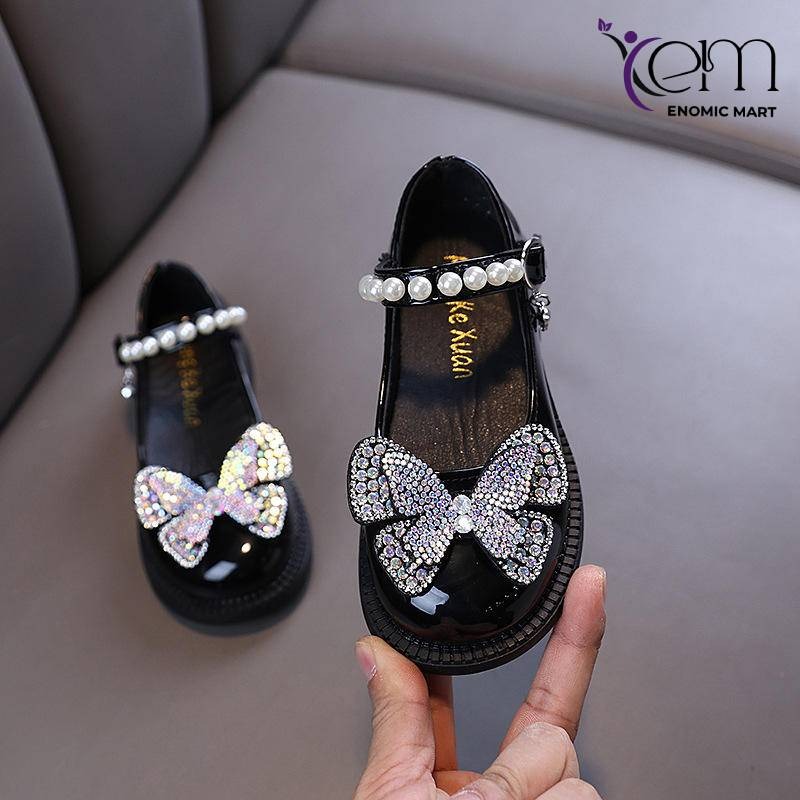 Girls Toddler Princess Rhinestone Bow PU Leather Shoes thumbnail 2