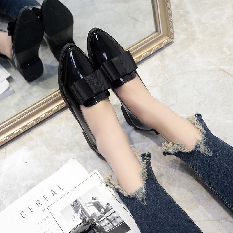 Women's Bow Pointed Casual Leather Shoes Low Top Single Flat