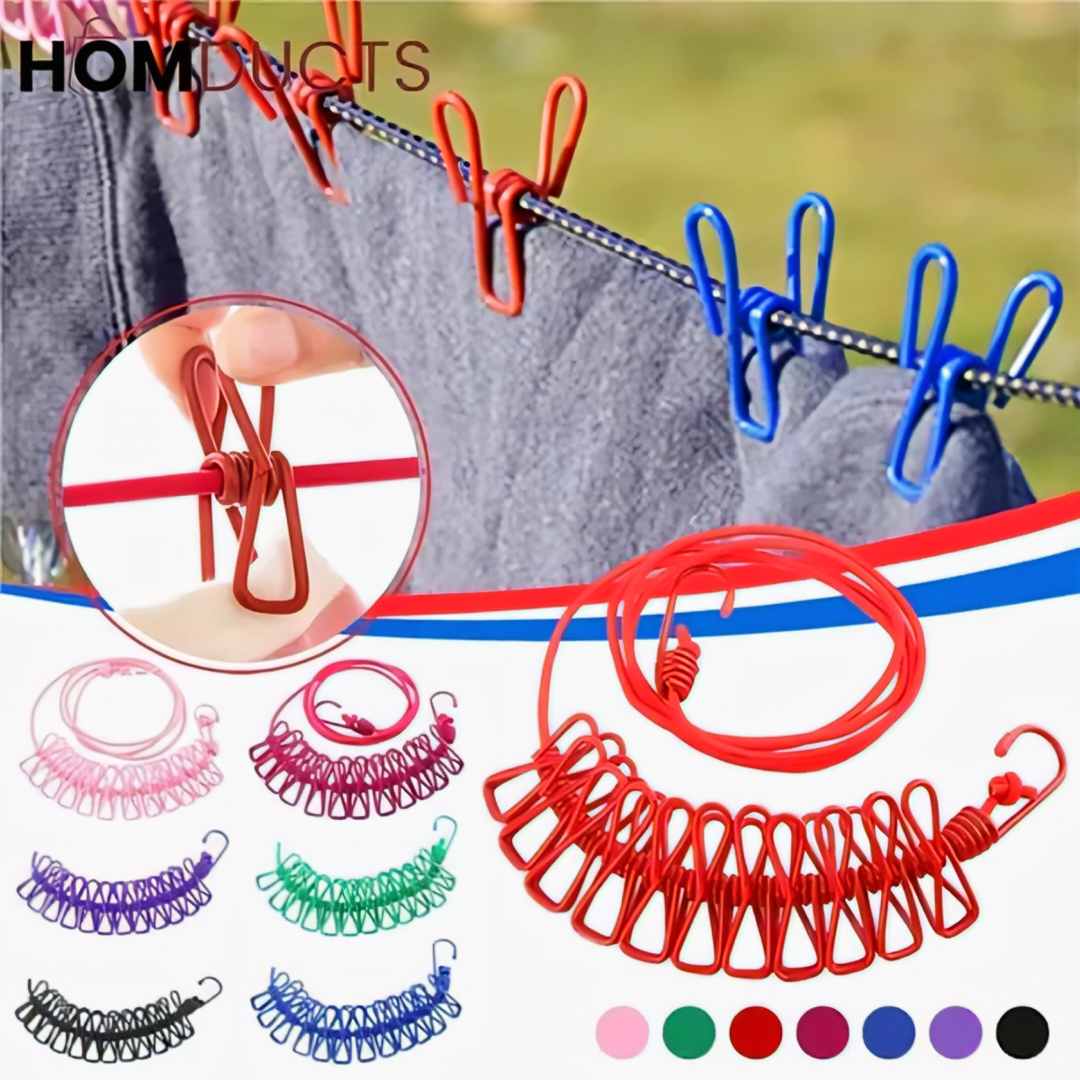 Elastic Clothes Drying Rope with 12 Clips – Portable Travel Cloth Line thumbnail 2