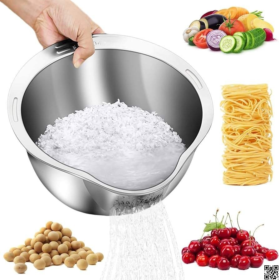 Stainless Steel Rice Washer Strainer Bowl – Multi Functional Rice, Fruit & Vegetable Cleaner