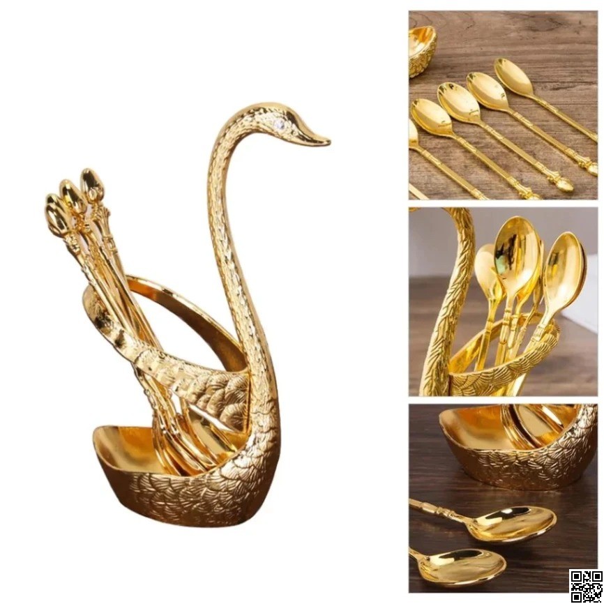 Cutlery Spoon Set with Swan Holder – 6pcs Tea Spoon Set with Stand thumbnail 5